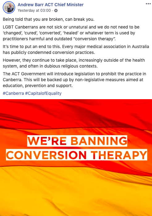 A Response to the ACT Chief Minister’s Facebook Post Announcing A Ban on Conversion Therapy